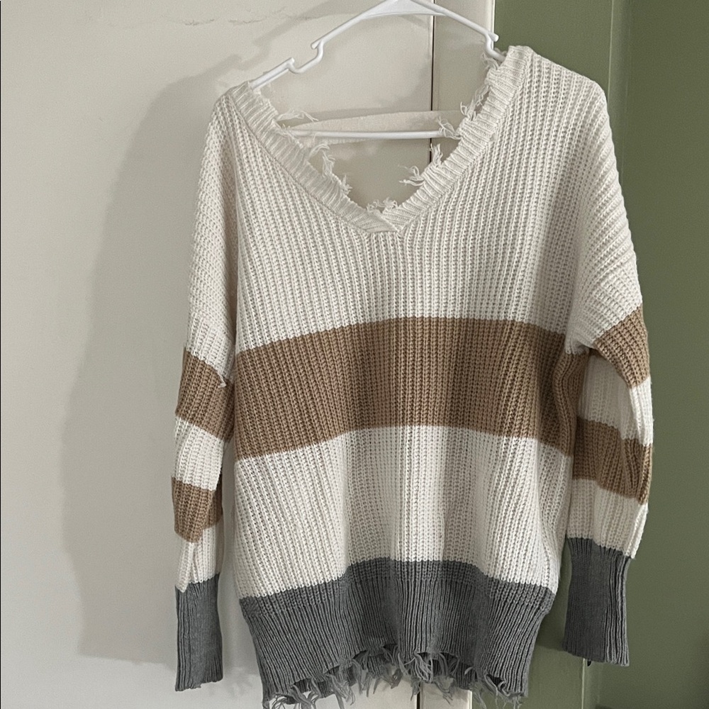 Striped V-Neck Distressed Sweater